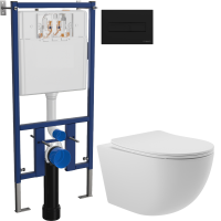 Комплект Унитаз подвесной Aqueduto Ovo OVO0120 безободковый, с микролифтом, белый матовый + Инсталляция DIWO + Кнопка 7323 черная матовая