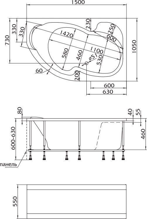 Акриловая ванна Marka One Aura R 150x105 см, угловая, правая, пристенная, белая, асимметричная, с каркасом