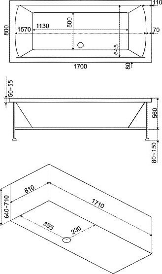 Акриловая ванна Bas Индика 170x80 см, пристенная, с гидромассажем, белая, с каркасом