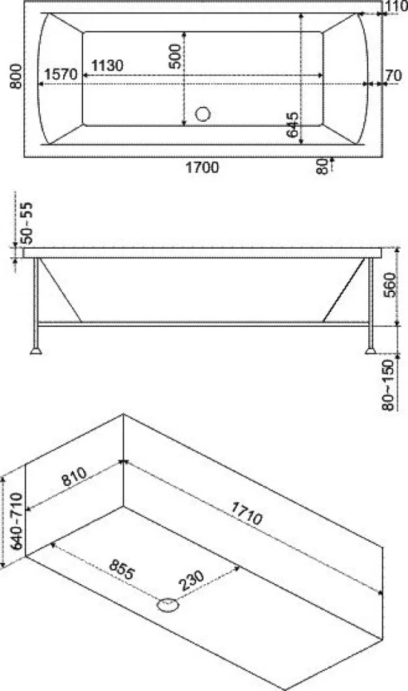 Акриловая ванна Bas Индика 170x80 см, пристенная, с гидромассажем, белая, с каркасом