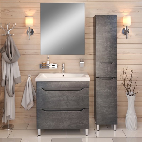 Мебель для ванной комнаты Emmy Стоун 60 напольная, серый бетон, зеркало DIWO Элиста