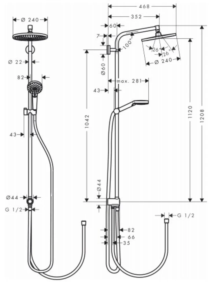 Душевой комплект Термостат Hansgrohe Ecostat 1001 CL ВМ 13201000 для ванны с душем + Стойка Crometta S 240 1jet Showerpipe Rеno 27270000 EcoSmart