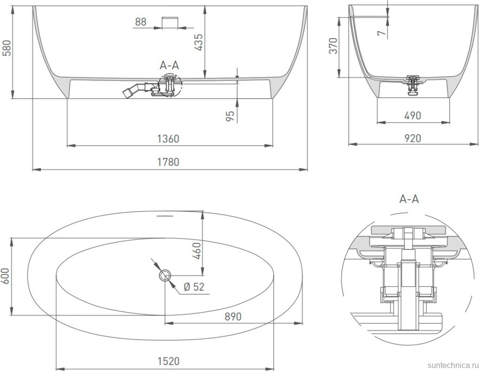 Ванна из искусственного камня Salini Alda Nuova S-Sense 180x90 см, отдельностоящая, белая, овальная, со сливом-переливом, с донным клапаном, фурнитура белая