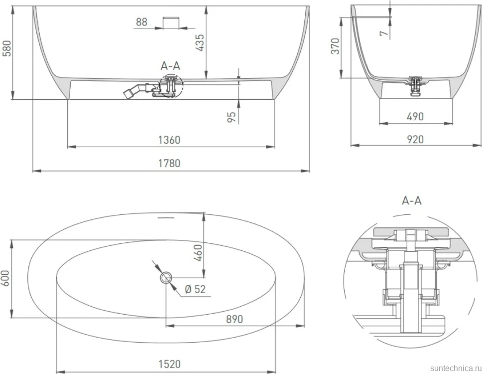 Ванна из искусственного камня Salini Alda Nuova S-Sense 180x90 см, отдельностоящая, белая, овальная, со сливом-переливом, с донным клапаном, фурнитура белая