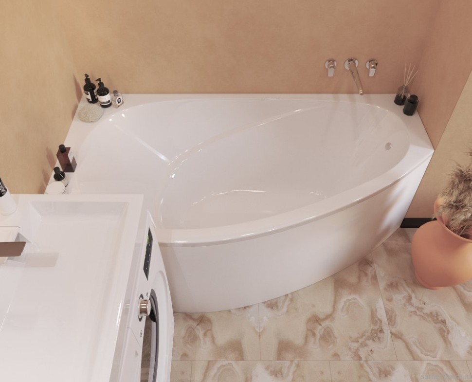 Ванна из искусственного камня Marmo Bagno Турин L 170x95 см, угловая, левая, пристенная, белая, асимметричная, на ножках, со сливом-переливом