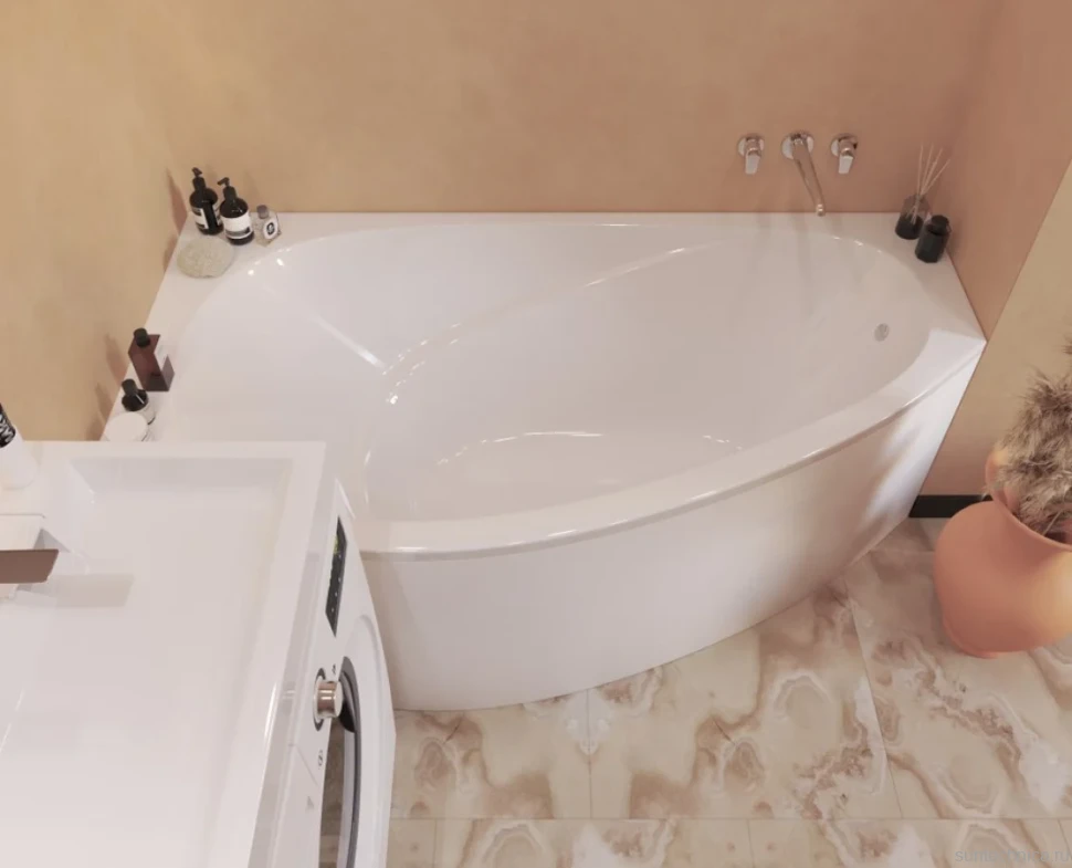 Ванна из искусственного камня Marmo Bagno Турин L 170x95 см, угловая, левая, пристенная, белая, асимметричная, на ножках, со сливом-переливом