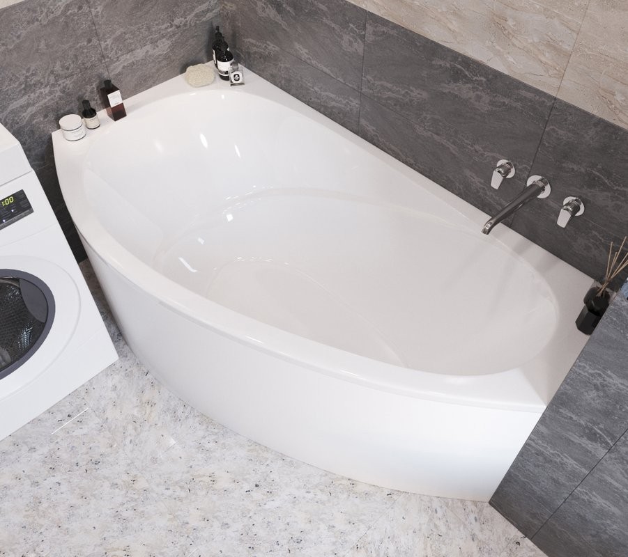 Ванна из искусственного камня Marmo Bagno Турин L 170x95 см, угловая, левая, пристенная, белая, асимметричная, на ножках, со сливом-переливом
