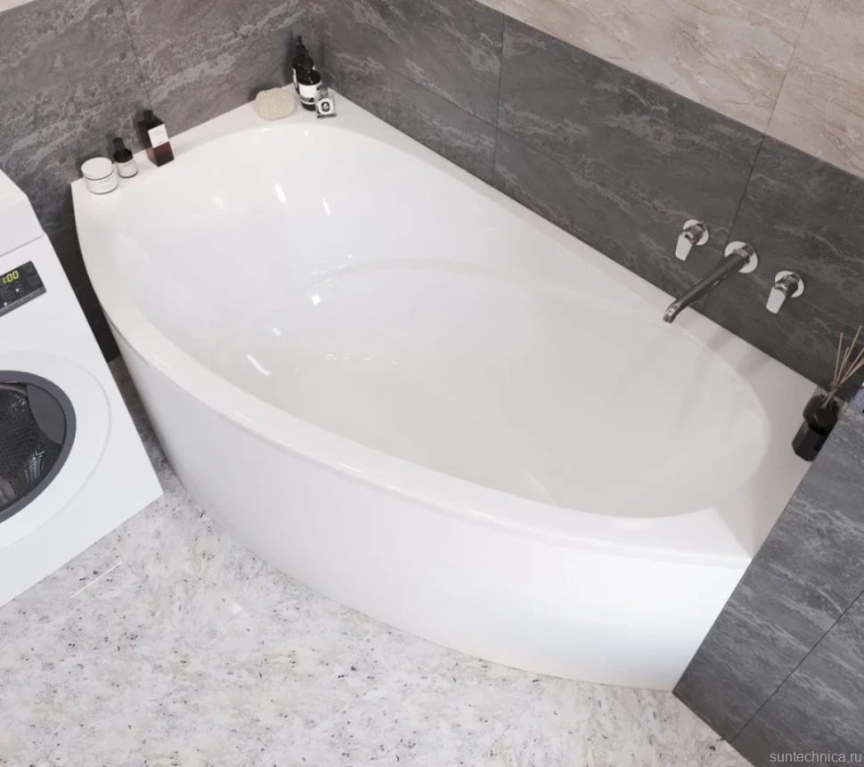Ванна из искусственного камня Marmo Bagno Турин L 170x95 см, угловая, левая, пристенная, белая, асимметричная, на ножках, со сливом-переливом
