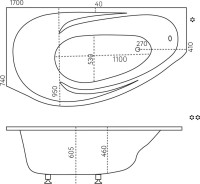 Ванна из искусственного камня Marmo Bagno Турин L 170x95 см, угловая, левая, пристенная, белая, асимметричная, на ножках, со сливом-переливом