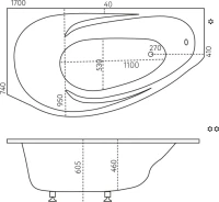 Ванна из искусственного камня Marmo Bagno Турин L 170x95 см, угловая, левая, пристенная, белая, асимметричная, на ножках, со сливом-переливом