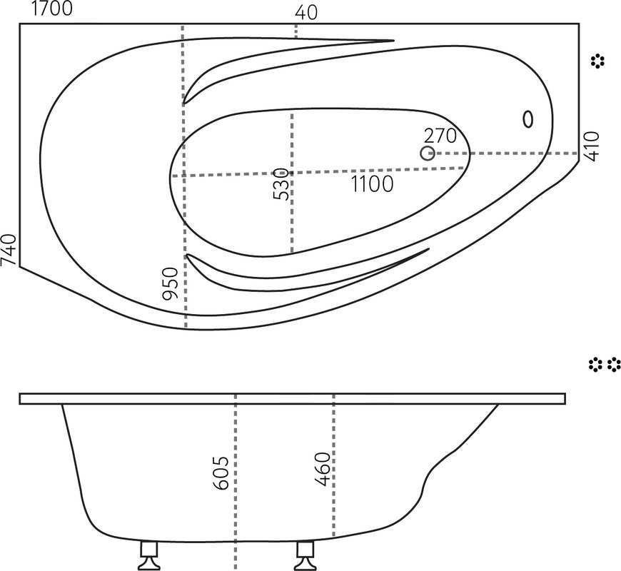 Ванна из искусственного камня Marmo Bagno Турин L 170x95 см, угловая, левая, пристенная, белая, асимметричная, на ножках, со сливом-переливом
