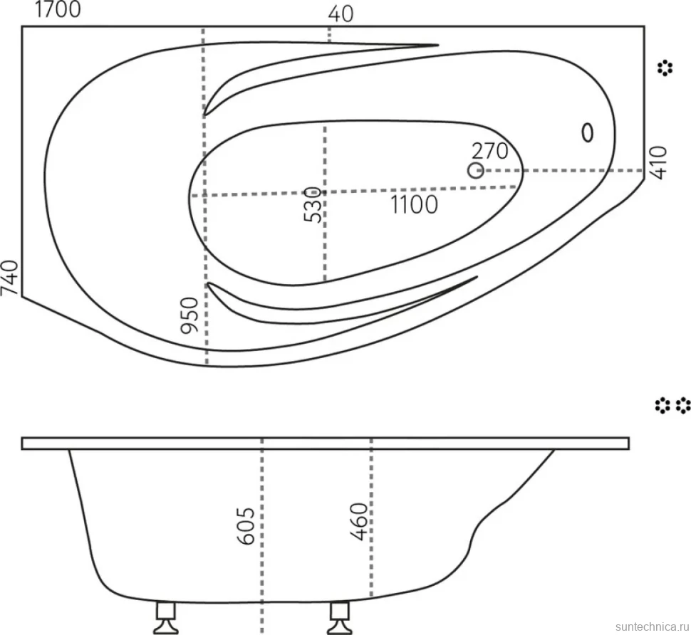Ванна из искусственного камня Marmo Bagno Турин L 170x95 см, угловая, левая, пристенная, белая, асимметричная, на ножках, со сливом-переливом