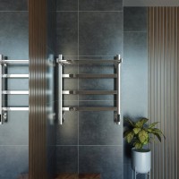 Полотенцесушитель электрический Grota Lore 530х600 NP EL 60x55 см, подключение справа, слева, скрытое подключение справа, глянцевый хром, лесенка, с полкой