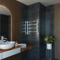 Полотенцесушитель электрический Grota Lore 530х600 NP EL 60x55 см, подключение справа, слева, скрытое подключение справа, глянцевый хром, лесенка, с полкой