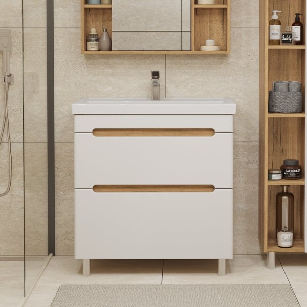 Тумба с раковиной SanStar Diva 80 напольная, матовая белая, дуб вотан, раковина Fest 80