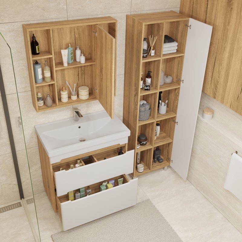 Тумба с раковиной SanStar Diva 80 напольная, матовая белая, дуб вотан, раковина Fest 80