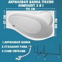 Акриловая ванна 1MarKa Gracia R Стандарт 2 170x100 см, угловая, правая, встраиваемая, белая, асимметричная, с каркасом, с сиденьем, со сливом-переливом