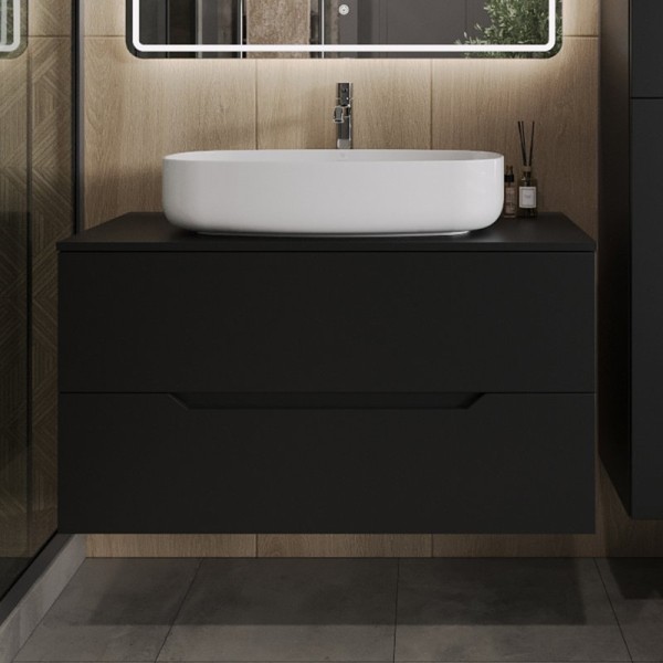 Тумба с раковиной Orange Line 100 подвесная, 2 ящика, матовая черная с раковиной B07-675W