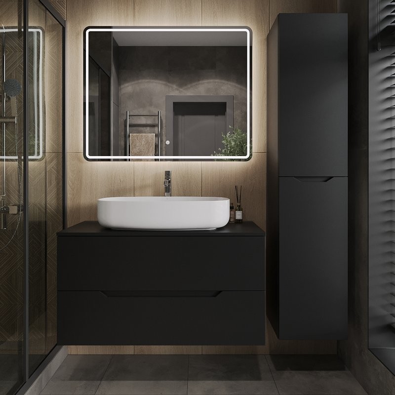 Тумба с раковиной Orange Line 100 подвесная, 2 ящика, матовая черная с раковиной B07-675W