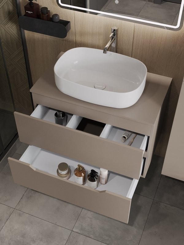 Тумба с раковиной Orange Line 80 подвесная, 2 ящика, матовый латте с раковиной B07-540W