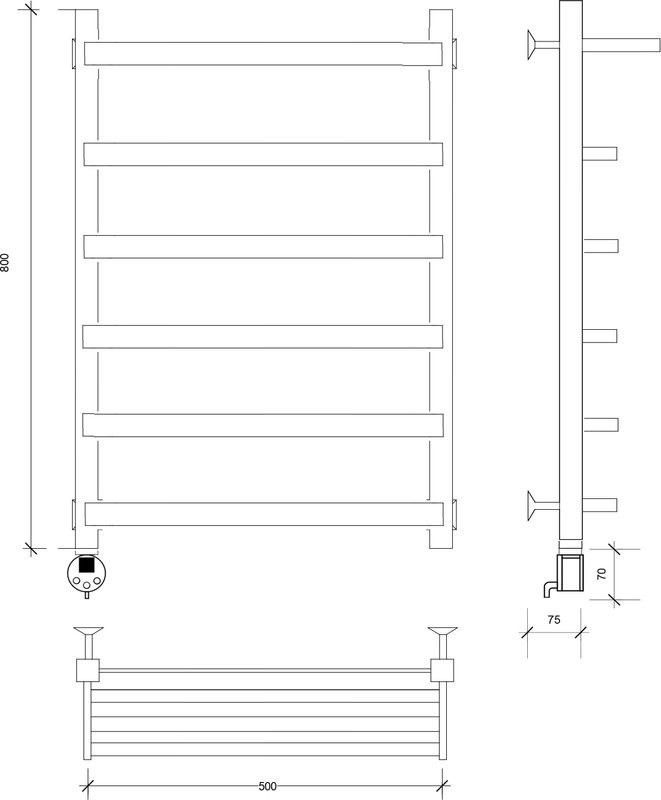 Полотенцесушитель электрический Secado Корсано 1 СП 85x55 см, подключение слева, матовый черный, лесенка, с полкой