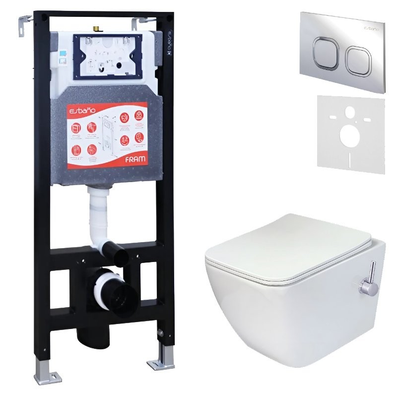 Комплект 3 в 1 Унитаз подвесной Esbano ESWBLEONWN + Инсталляция Fram + Кнопка ESINLPS10SC цвет глянцевый хром
