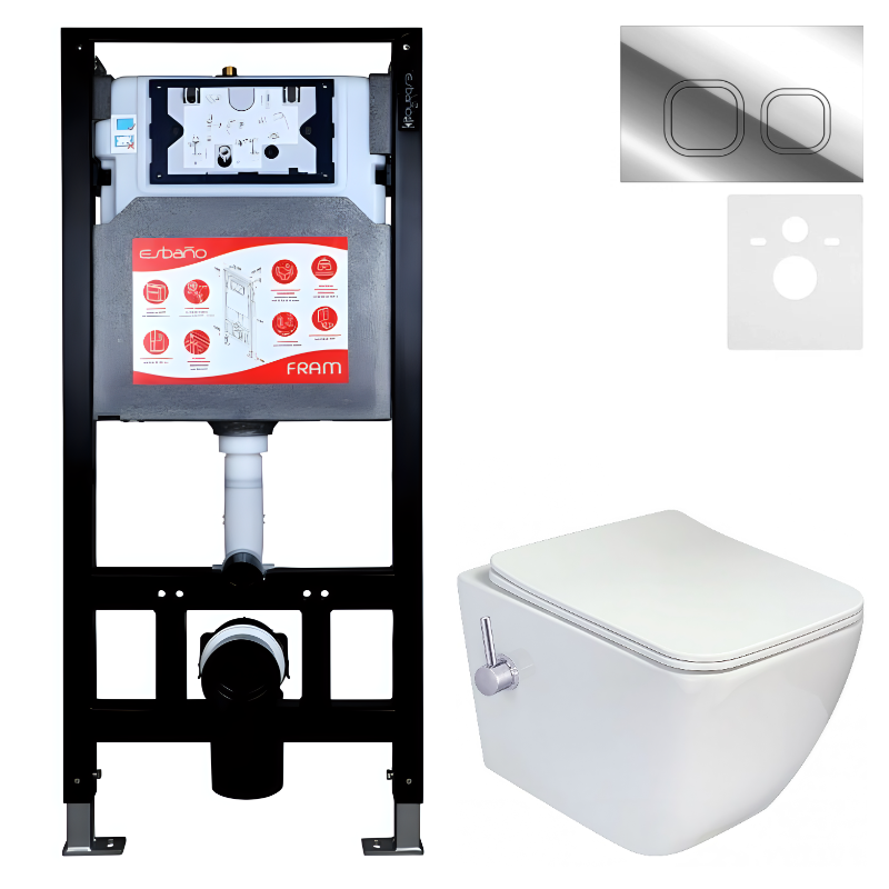 Комплект 3 в 1 Унитаз подвесной Esbano ESWBLEONWN + Инсталляция Fram + Кнопка ESINLPS10SC цвет глянцевый хром