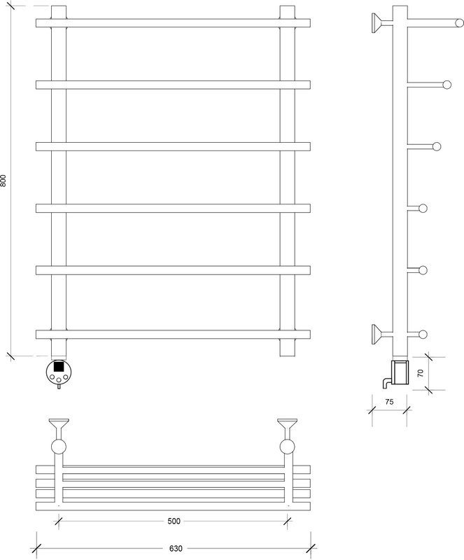 Полотенцесушитель электрический Secado Турин 6 80x55 см, подключение слева, матовый черный, лесенка, с полкой