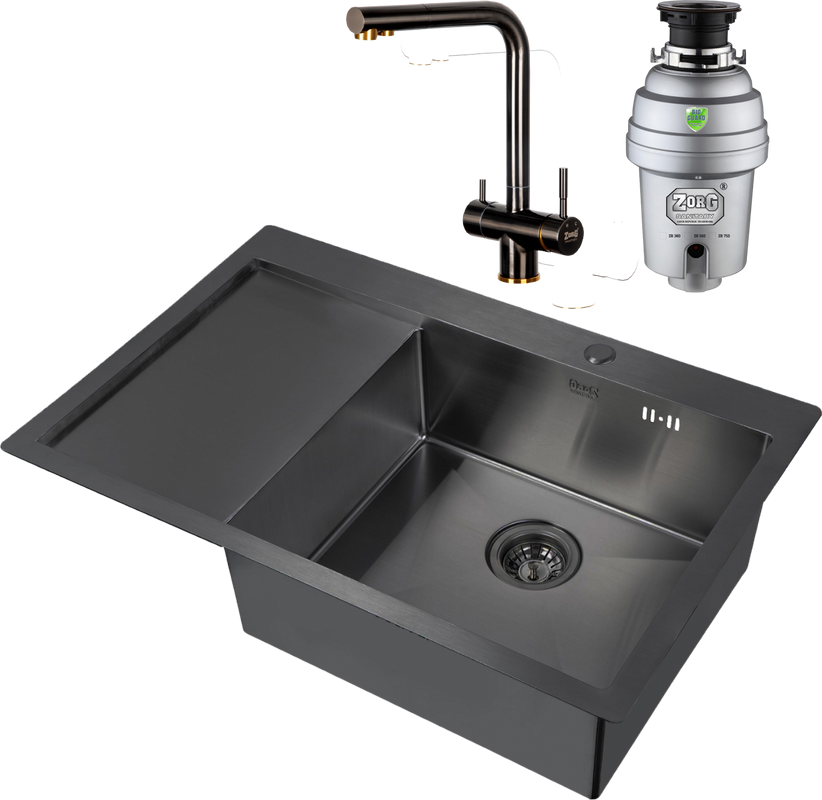 Комплект Мойка Zorg Inox PVD 7851 R grafit + Смеситель Inox SZR-7039 BR/GRAFIT бронза графит + Измельчитель Inox D