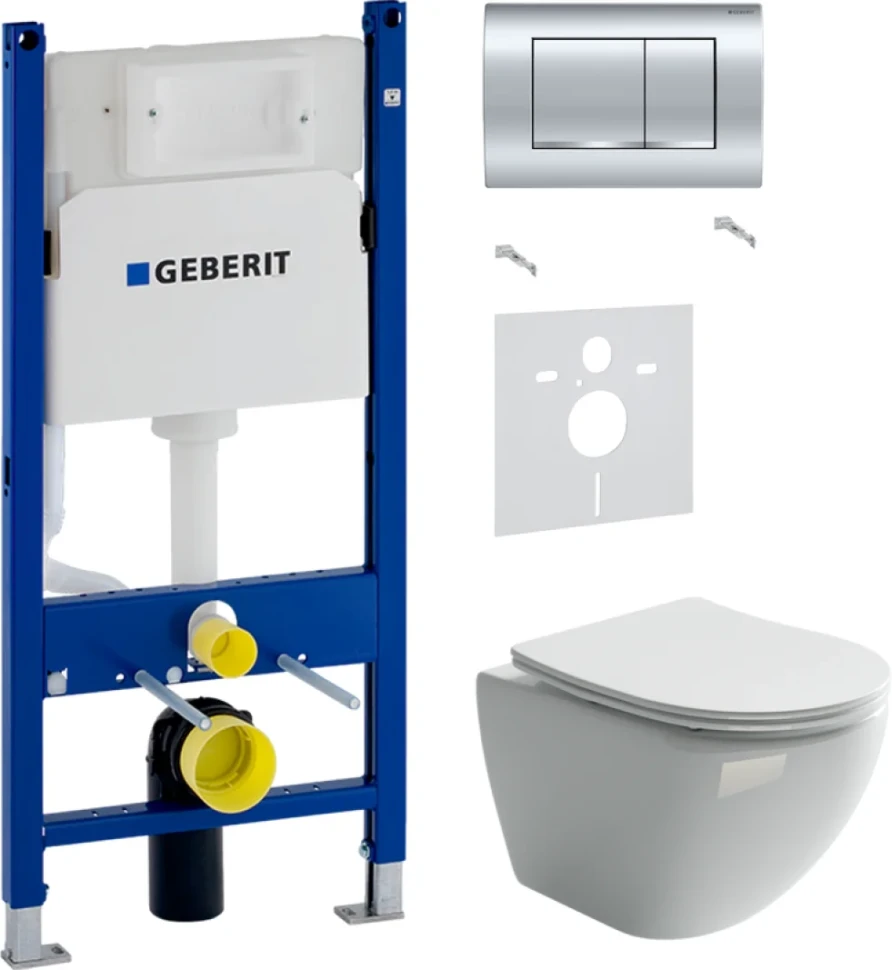 Комплект Унитаз подвесной Ceramicanova Metropol CN4002 безободковый + Звукоизоляция Geberit + Инсталляция Duofix Delta 458.163.21.1 с кнопкой смыва, хром