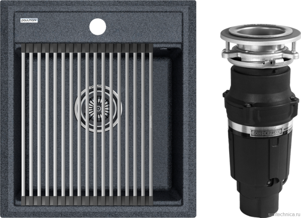 Комплект Мойка Paulmark Stepia + Step PM114651-DG+R375-BS графит + Измельчитель Bone Crusher BC 610-AS