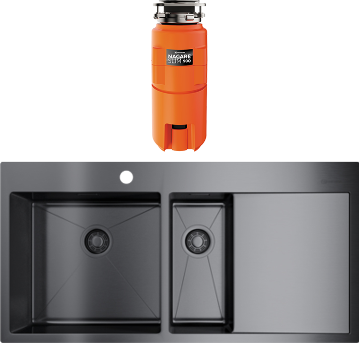 Комплект Мойка Omoikiri Akisame 100-2-GM-L вороненая сталь + Измельчитель Nagare slim 900