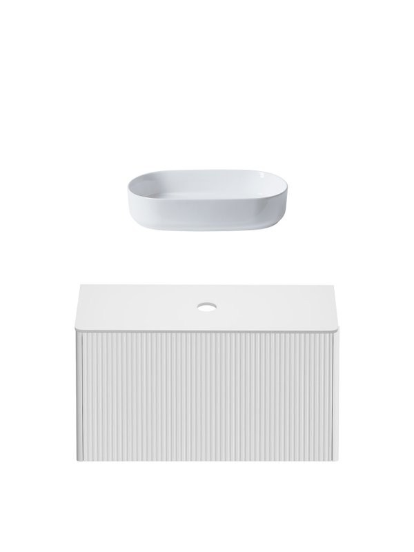 Тумба с раковиной Allen Brau Gravity 80 1 ящик, с фрезеровкой, матовый белый, столешница белая, раковина Fantasy Oval 55, белая