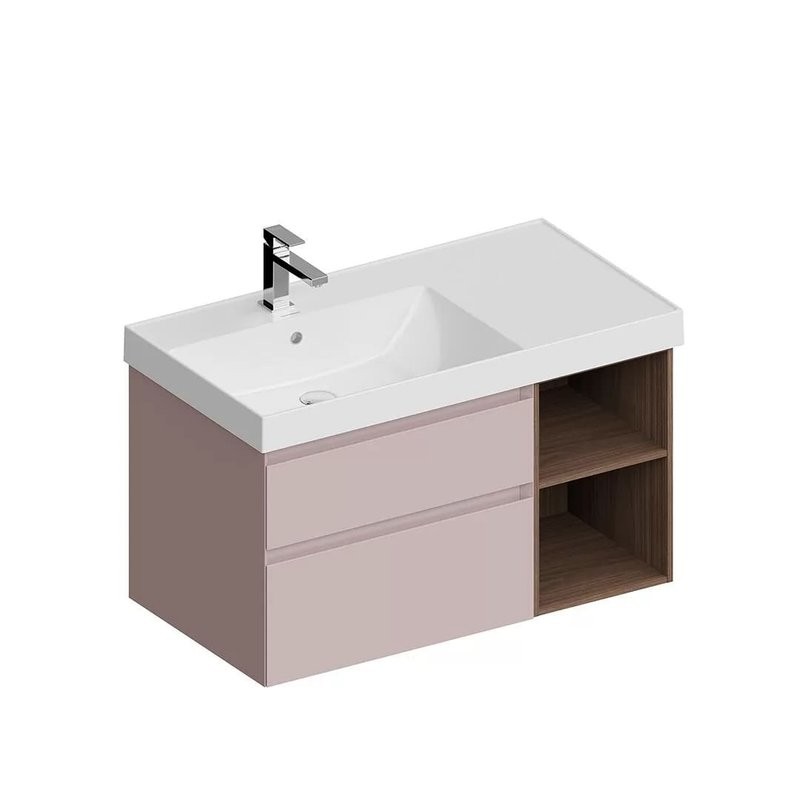 Тумба под раковину KERAMA MARAZZI Cubo 90, левая подвесная, с ящиками и полкой, мальва матовая, структурированный орех