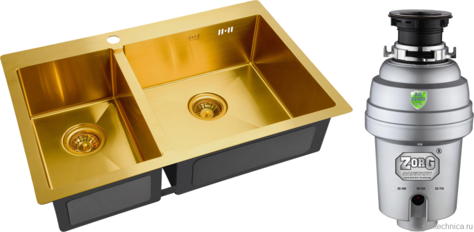 Комплект Мойка Zorg Inox PVD SZR-78-2-51 R bronze + Измельчитель Inox D