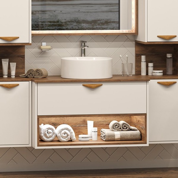 Тумба с раковиной Brevita Bergen 90 подвесная, с подсветкой, дуб галифакс олово, белый