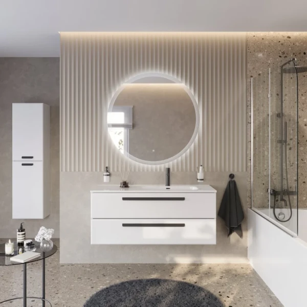 Мебель для ванной комнаты Cezares Eco Cer-N 120 R bianco lucido, раковина Duet 120 R, ручки матовые черные