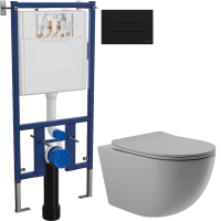 Комплект Унитаз подвесной Aqueduto Ovo OVO0130 безободковый, с микролифтом, серый матовый + Инсталляция DIWO + Кнопка 7323 черная матовая