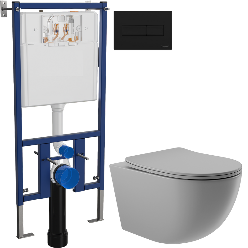 Комплект Унитаз подвесной Aqueduto Ovo OVO0130 безободковый, с микролифтом, серый матовый + Инсталляция DIWO + Кнопка 7323 черная матовая