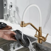 Смеситель для кухни Shevanik S968G с гибким изливом, золотой сатин