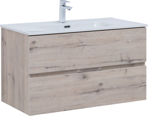 Тумба с раковиной Aquanet Алвита 90 подвесная, дуб веллингтон белый, 2 ящика