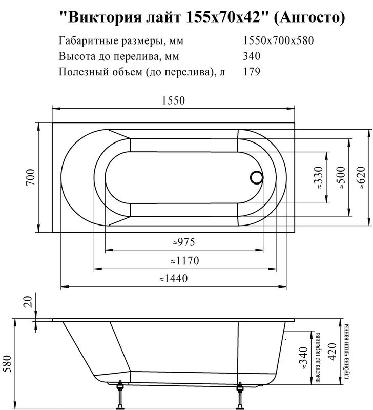 Акриловая ванна Radomir Виктория лайт Ангосто 155x70 см, встраиваемая, белая, на ножках