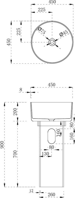 Раковина напольная Abber Kristall AT2702Onyx-H 45 глянцевая черная, круглая, моноблок