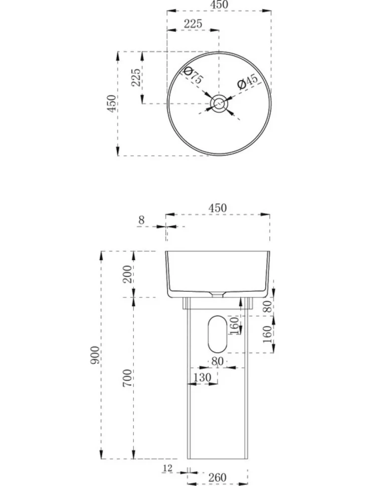 Раковина напольная Abber Kristall AT2702Onyx-H 45 глянцевая черная, круглая, моноблок