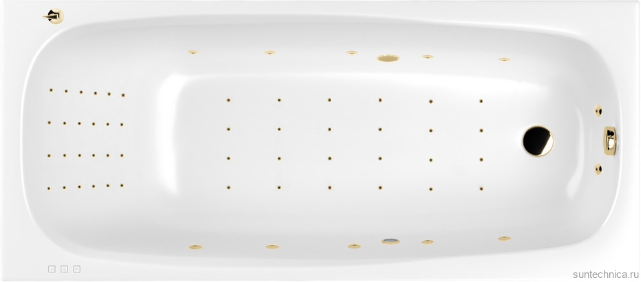 Акриловая ванна WHITECROSS Layla Nano 170x75 см, встраиваемая, с гидромассажем, белый глянец, с каркасом, со сливом-переливом, фурнитура золото