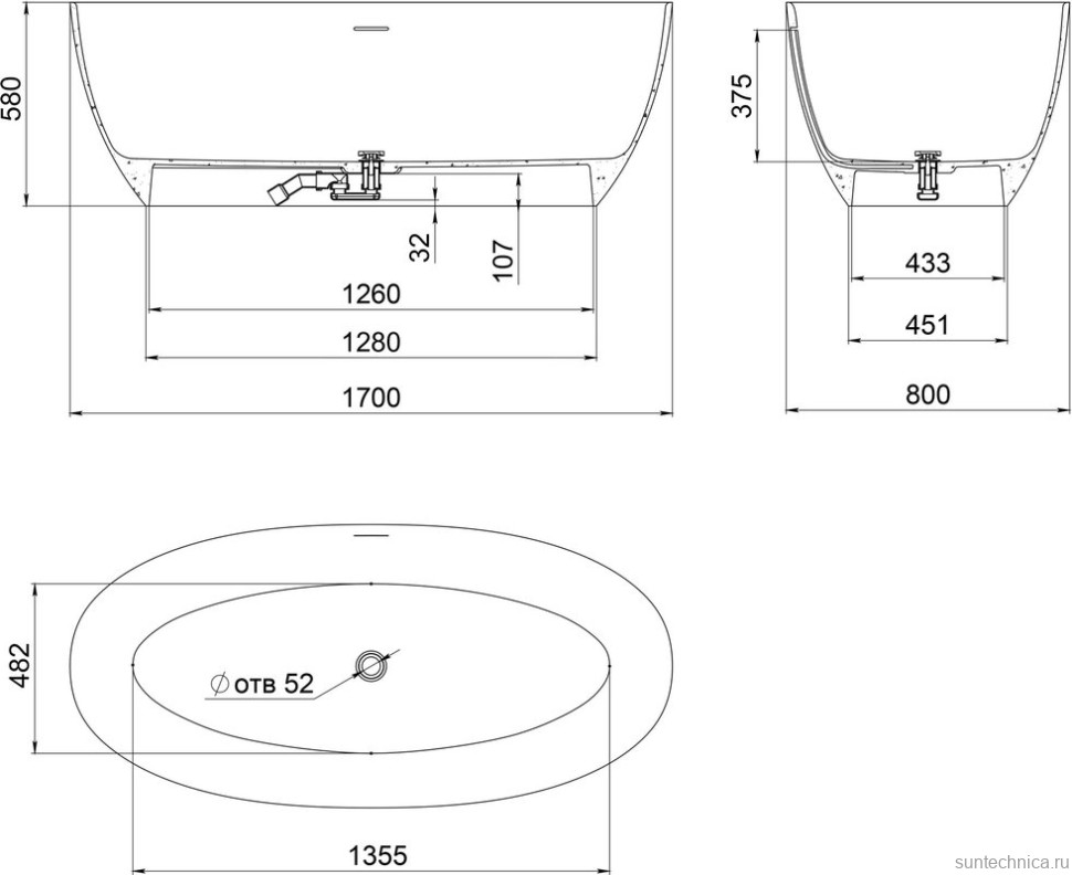 Ванна из искусственного камня Salini Alda Nuova S-Sense 170x80 см, отдельностоящая, белая, овальная, со сливом-переливом, с донным клапаном, фурнитура белая