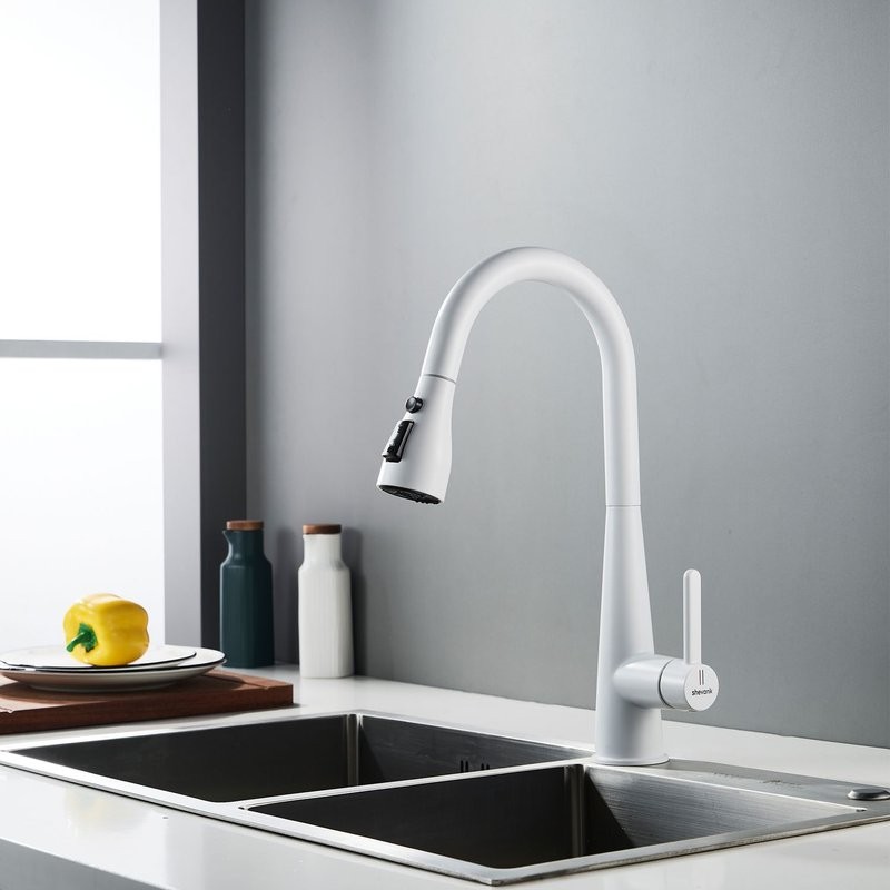 Смеситель для кухни с выдвижным изливом Shevanik S363C, белый