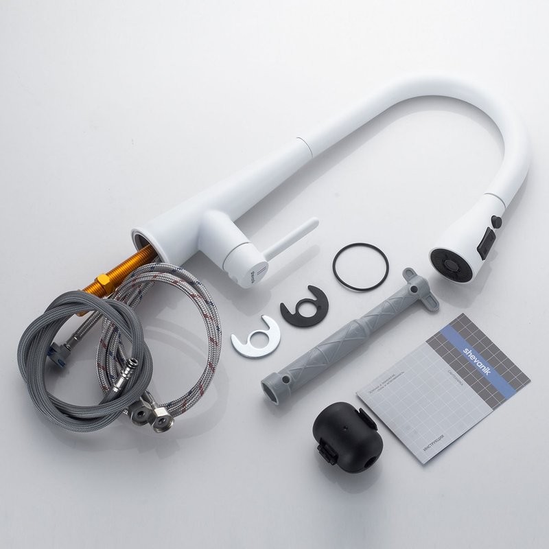 Смеситель для кухни с выдвижным изливом Shevanik S363C, белый