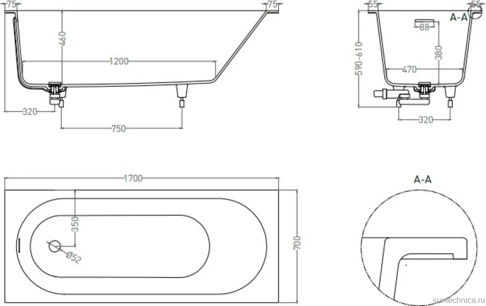 Ванна из искусственного камня Salini Ornella Kit S-Sense 170x70 см, встраиваемая, матовая белая, на ножках, со сливом-переливом, с донным клапаном
