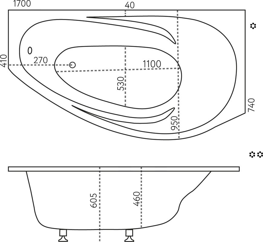 Ванна из искусственного камня Marmo Bagno Турин R 170x95 см, угловая, правая, пристенная, белая, асимметричная, на ножках